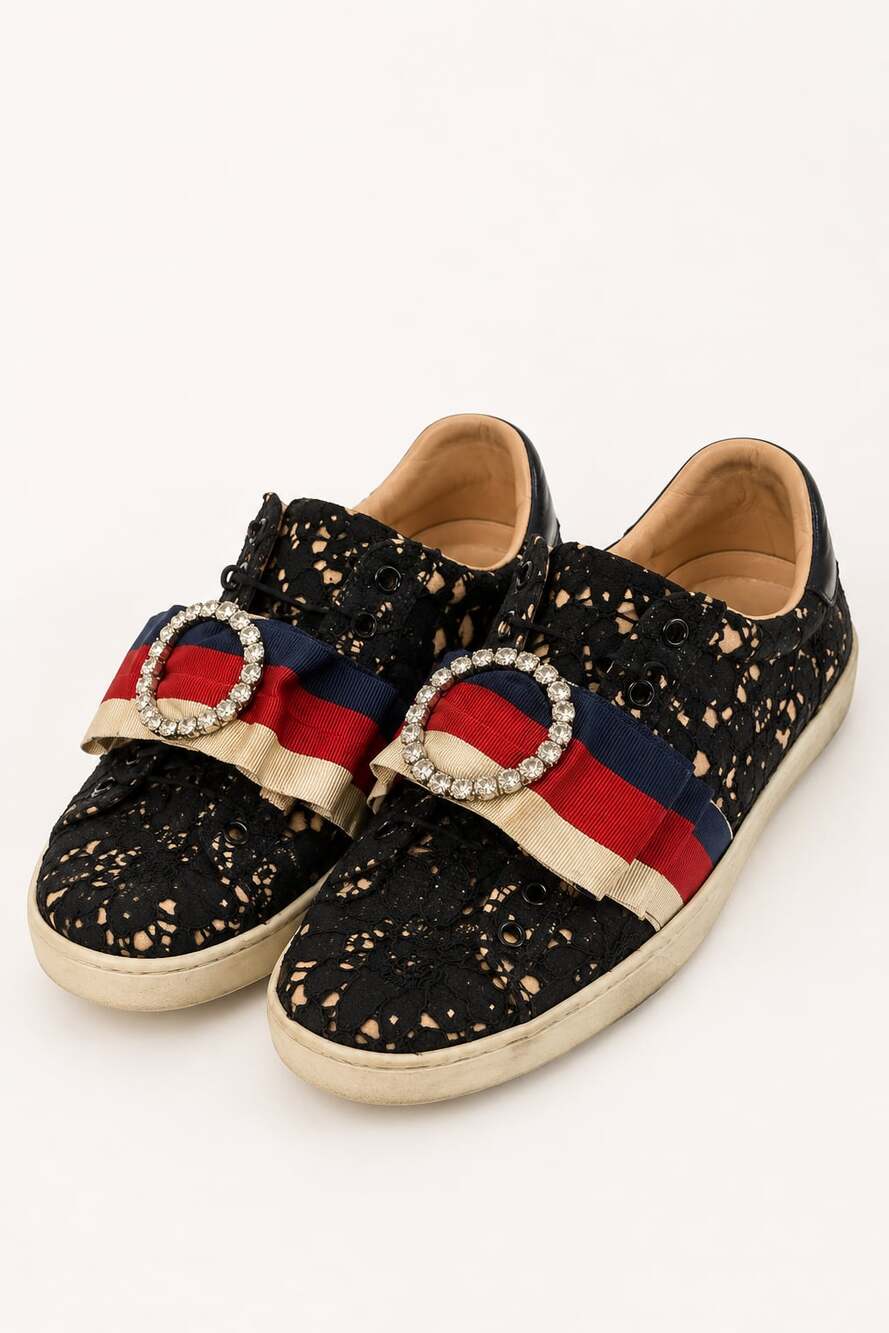 Gucci Ace Dark Flower Black Lace Satin Sylvie Crystal Bow Sneakers